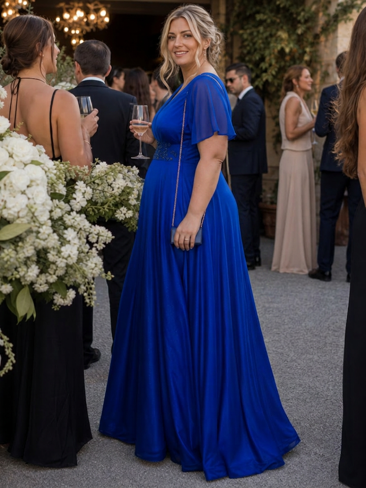 Rhea | Short Sleeve V Neck Flowing Maxi Dress