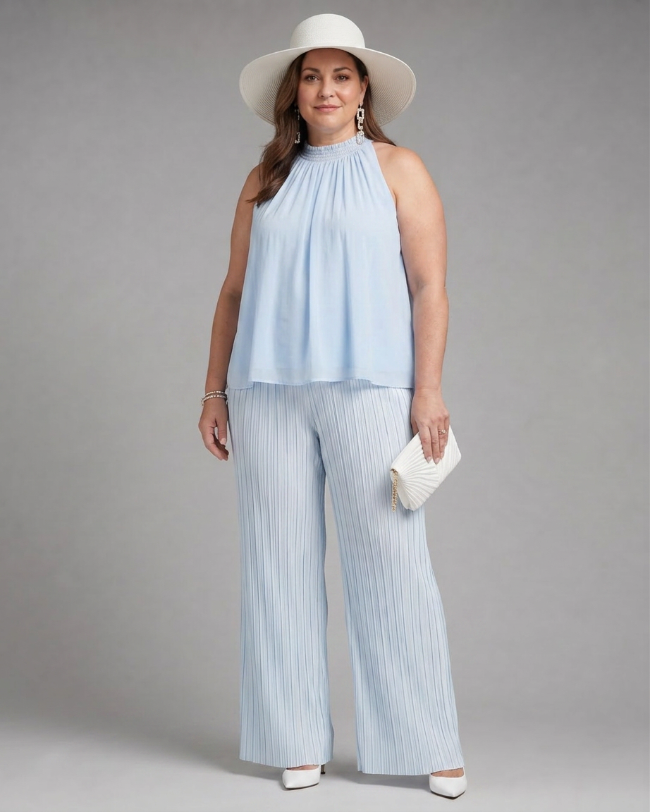 Dovie | Halter Neck Flowing Top And Pleated Wide Leg Pants Set