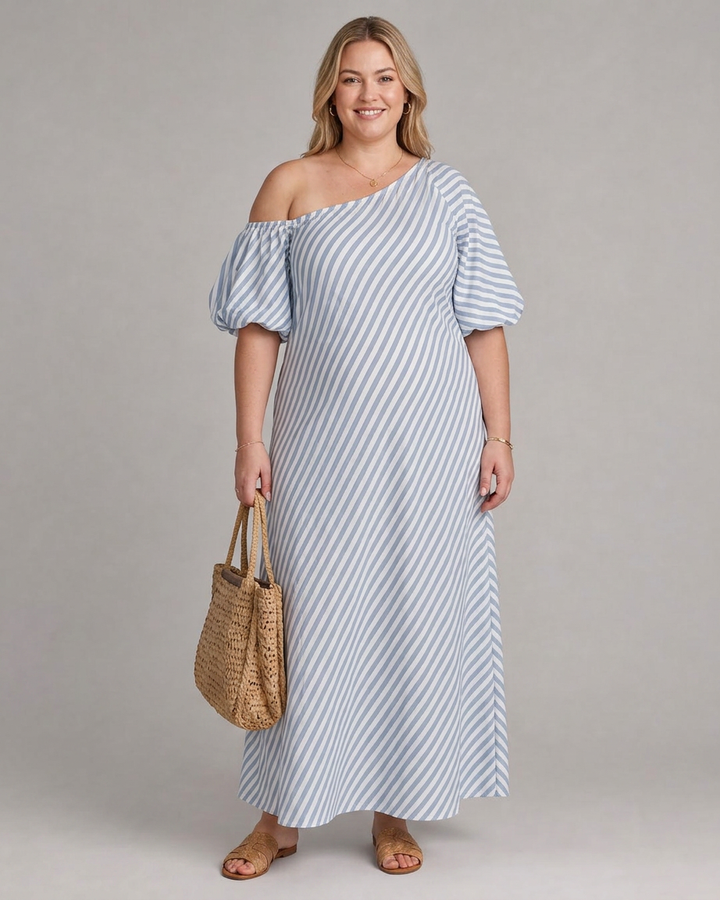 Seraphina | Striped Off Shoulder Puff Sleeve Midi Dress