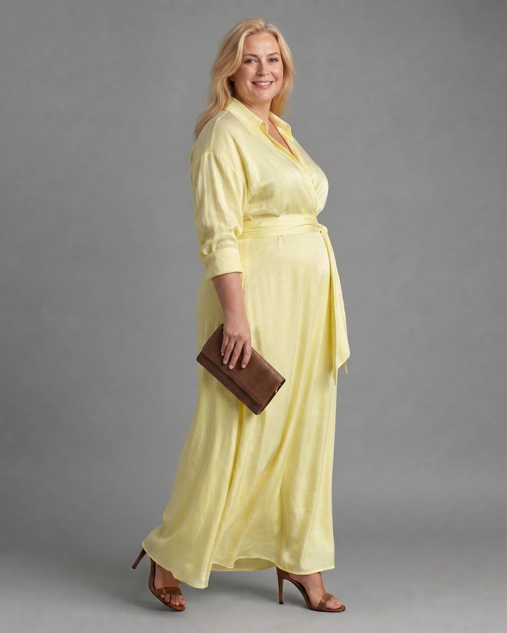 Astrid | Belted Collared Flowing Long Sleeve Midi Dress