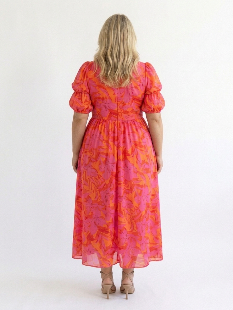 Beatrice | Floral V Neck Puff Sleeve Midi Dress
