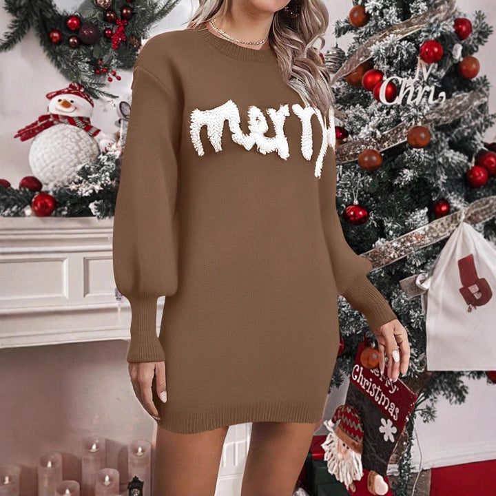 Knit Sweater Dress with Lantern Sleeves and Round Neck for Women