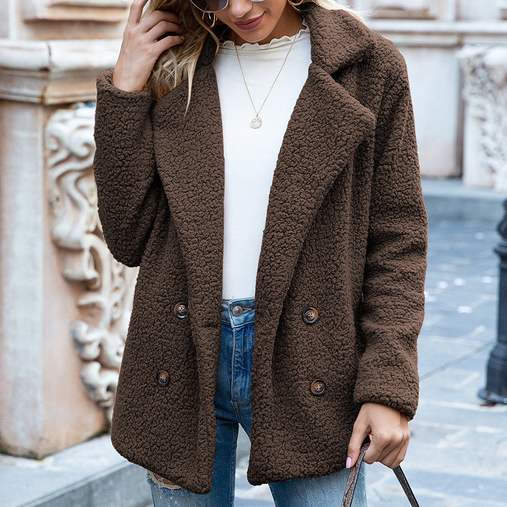 Fluffy Lapel Button Coat, Loose Fit Cozy Winter Jacket