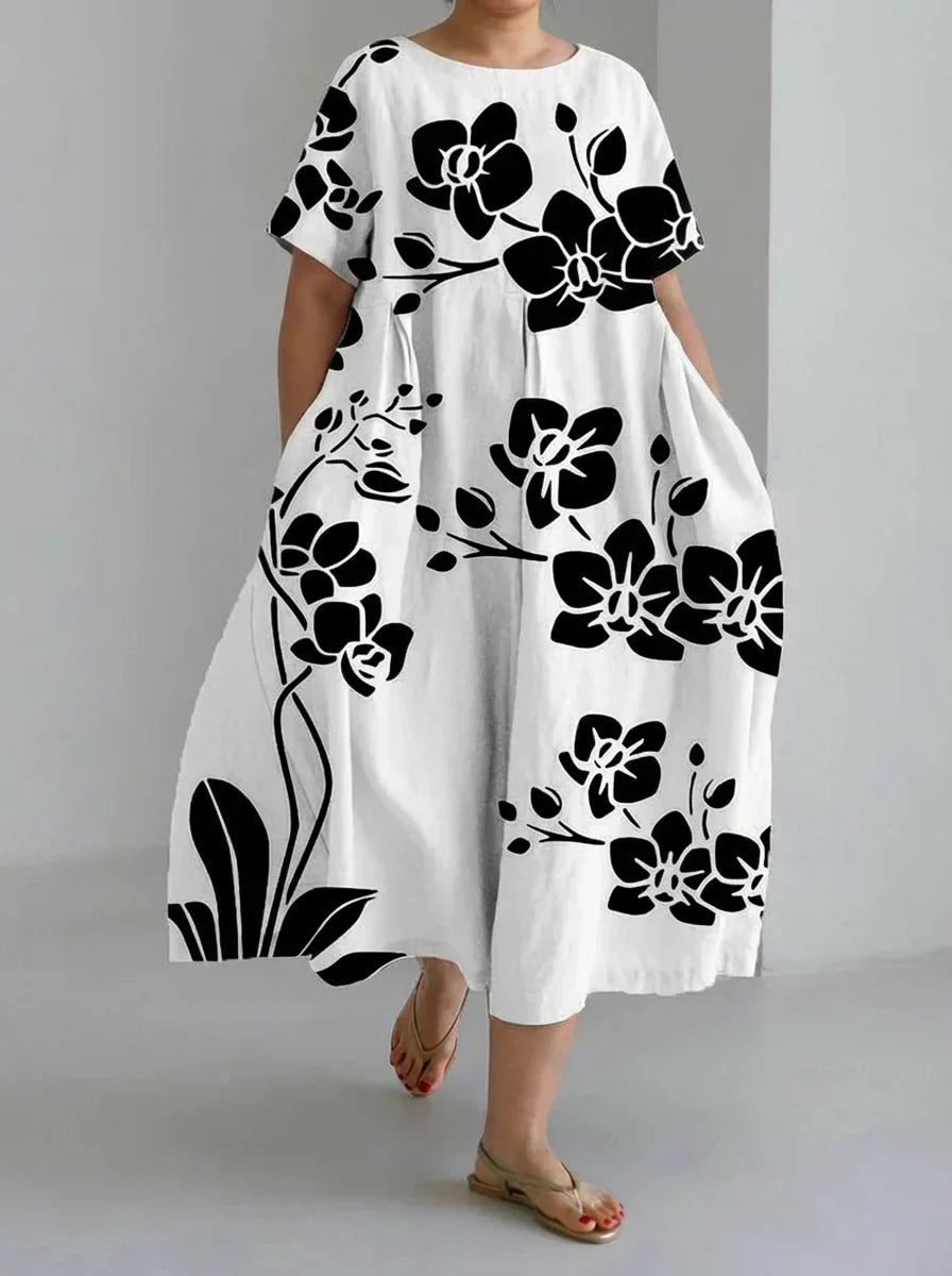 Amity | Elegant Casual Black Floral Loose  Dress