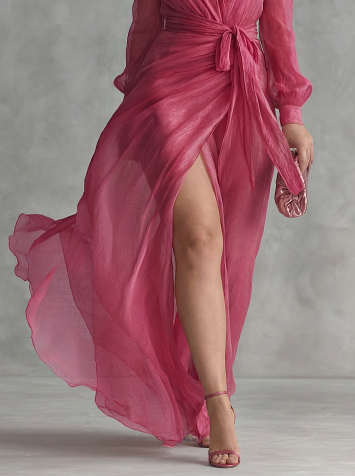 Elegant long pink chiffon dress with pearls and V-neck for women