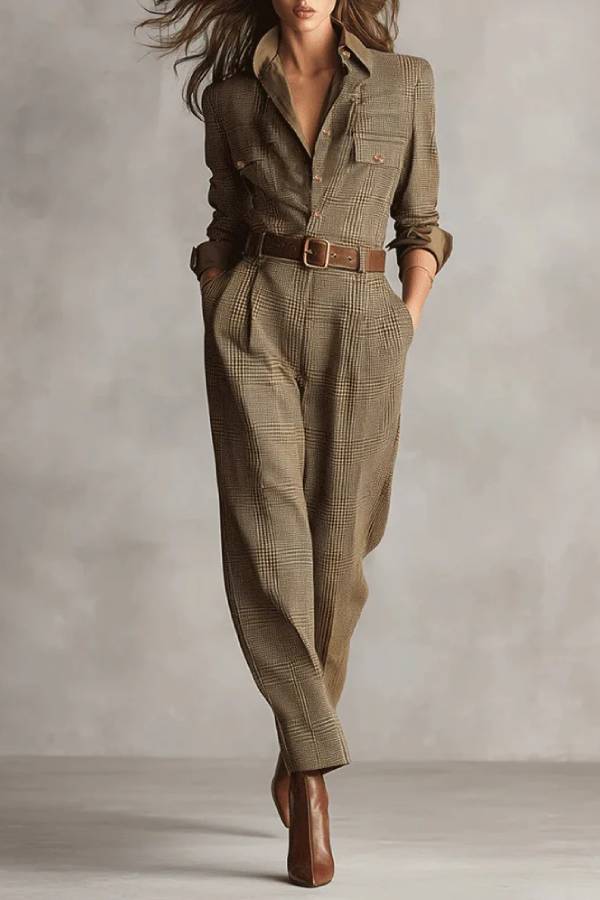 Ember - Brown Sophisticated Tweed Texture Plaid Utility Jumpsuit