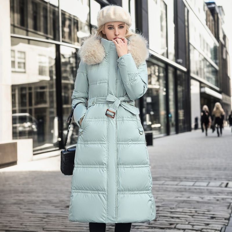 Long Fur Hood Winter Coat for Women, Slim Belted Warm Coat