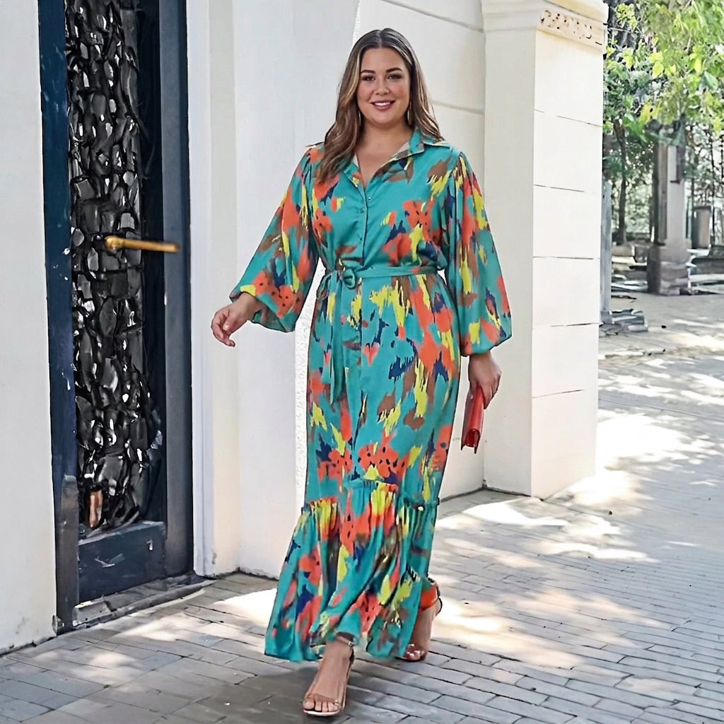 Jolie Printing Lapel Maxi Dress: Elegant Vintage Flow