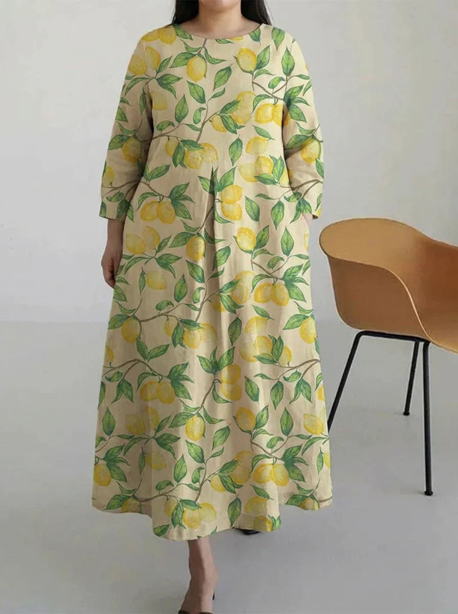 Wynne | Casual Lemon Tree Print Long Sleeve Midi Dress