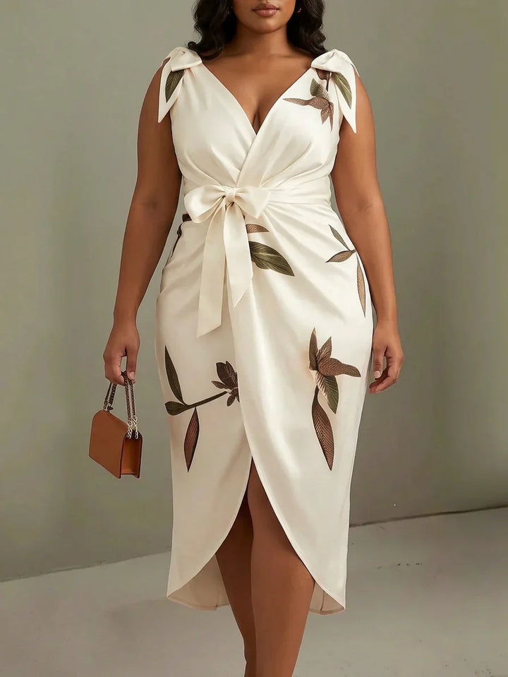 Rosa | White Leaf Short Sleeve Satin Midi Dress