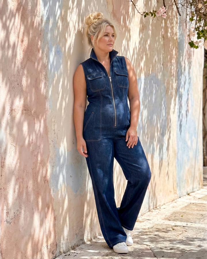 Freya | Zip Front Sleeveless Denim Wide Leg Jumpsuit