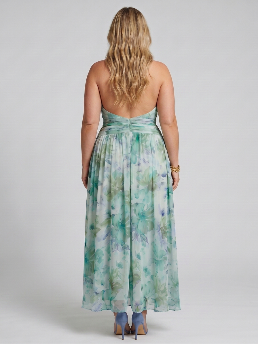 Saffron | Pleated Halter Soft Floral Pattern Midi Dress
