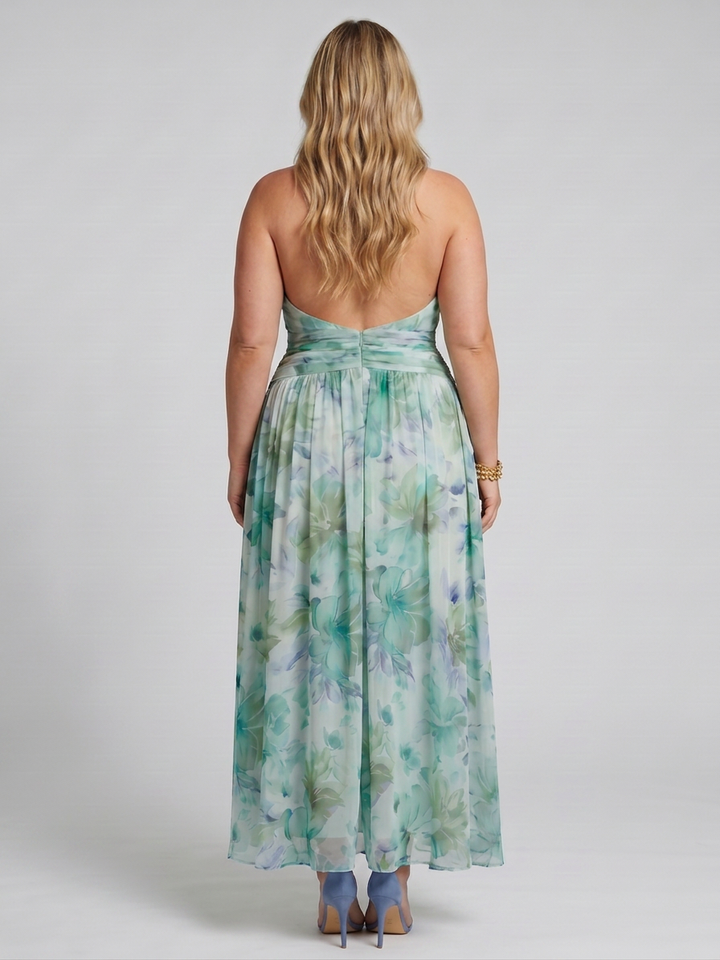 Saffron | Pleated Halter Soft Floral Pattern Midi Dress