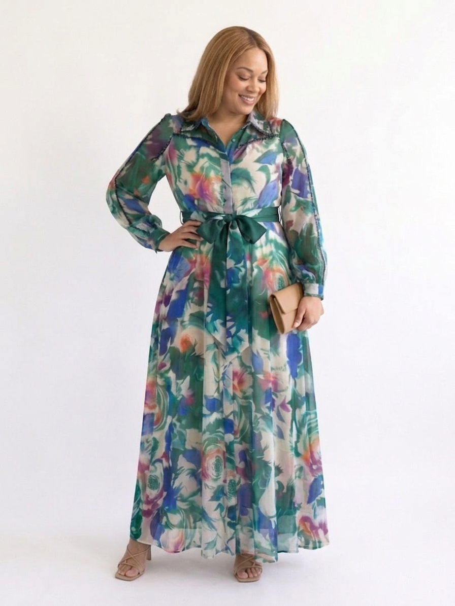 Aveline | Long Sleeve Printed Belted Maxi Dress