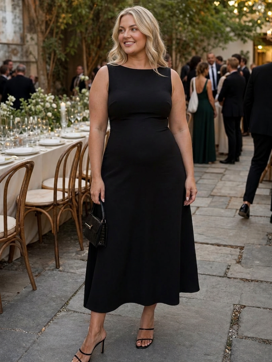Isadora | Sleeveless Crew Neck Fitted Bodice Midi Dress