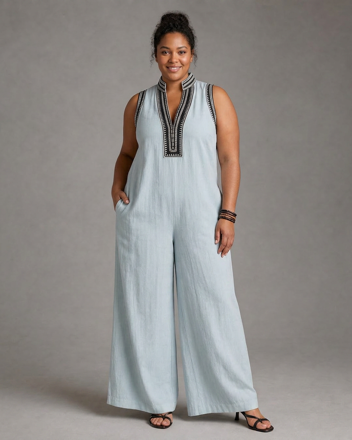Wilhelmina | Embroidered V Neck Sleeveless Wide Leg Jumpsuit