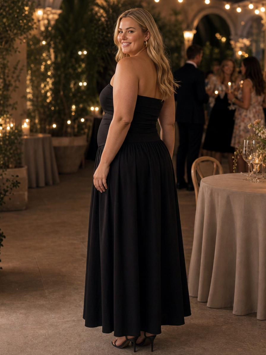 Clemence | Strapless Ruched Bodice Midi Dress