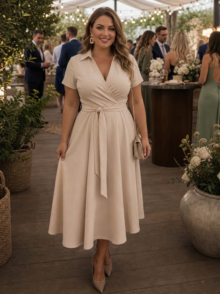 Eulalia | Short Sleeve Collared Wrap Waist Midi Dress