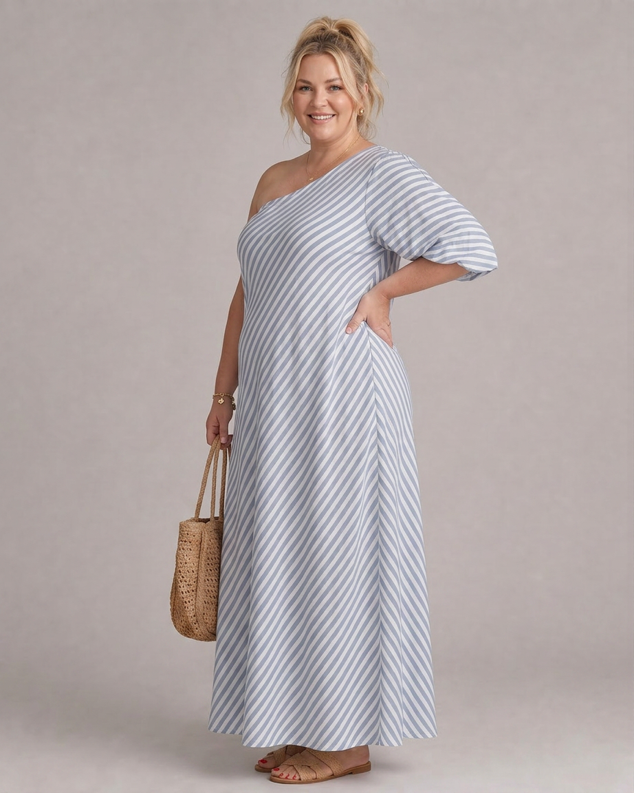 Seraphina | Striped Off Shoulder Puff Sleeve Midi Dress