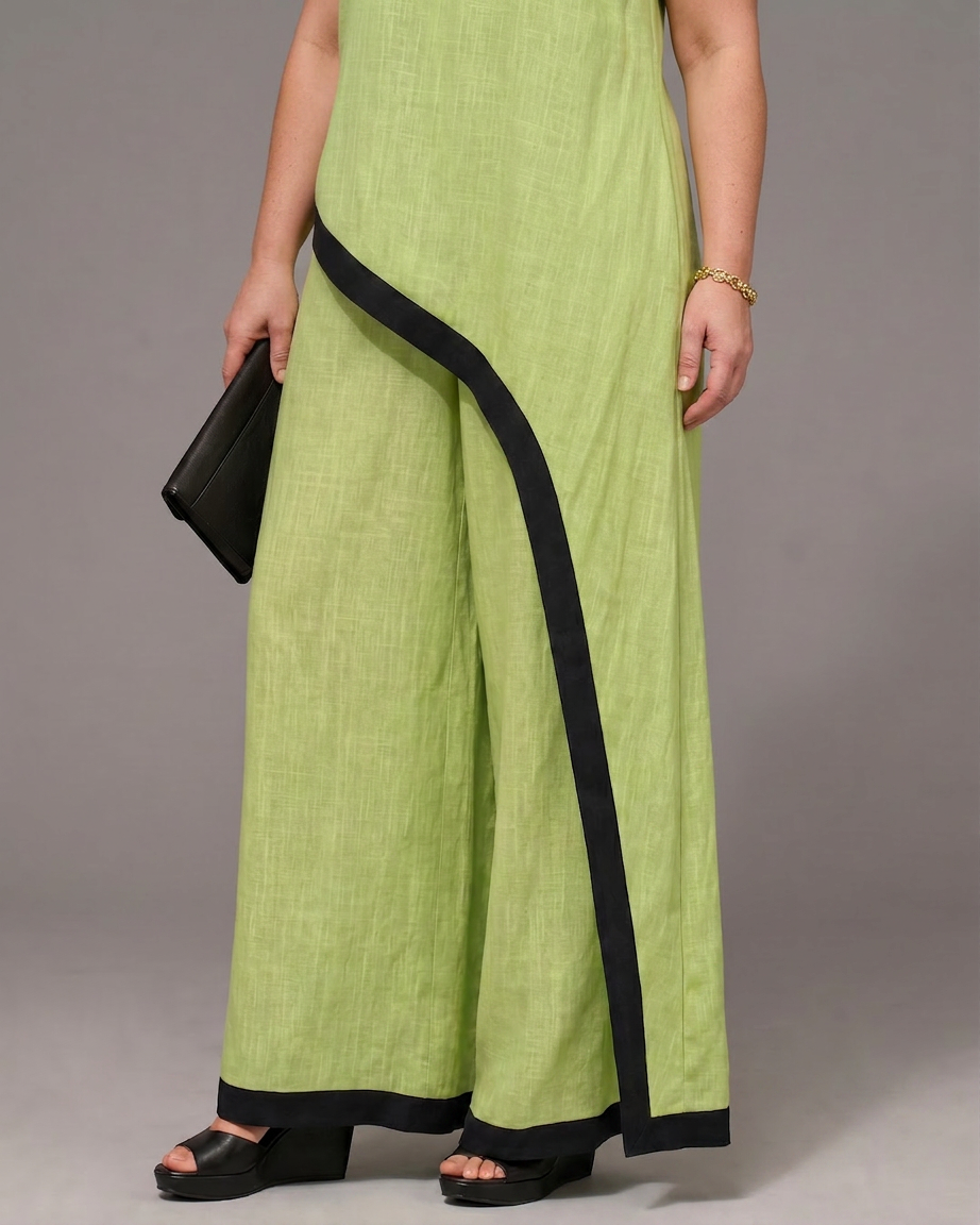 Genevieve | Contrast Trim Sleeveless Layered Top And Wide Leg Pants Set