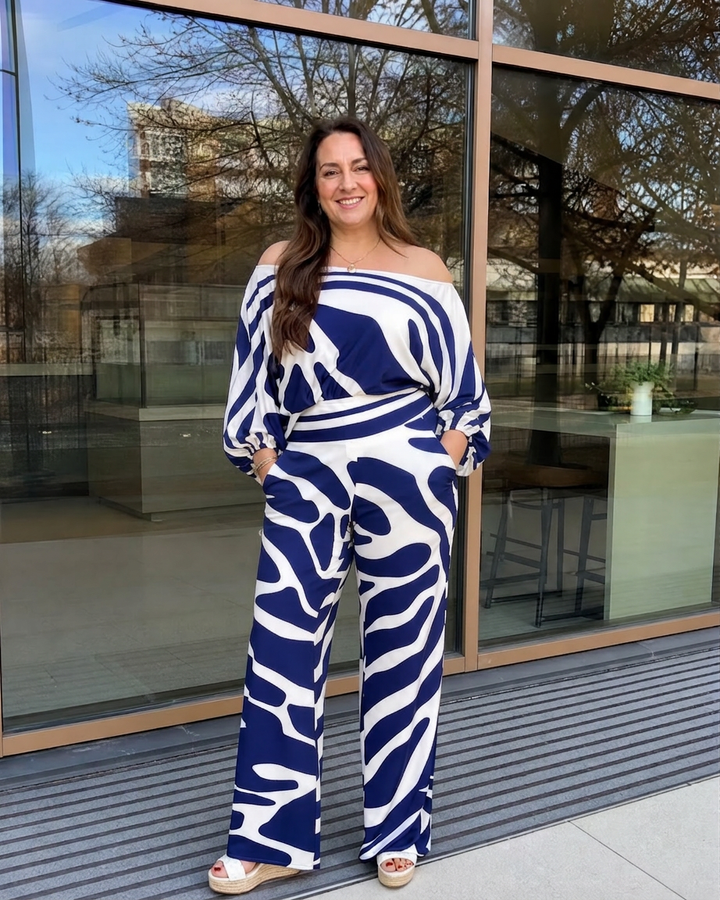 Calliope | Abstract Print Off Shoulder Top And Wide Leg Pants Set