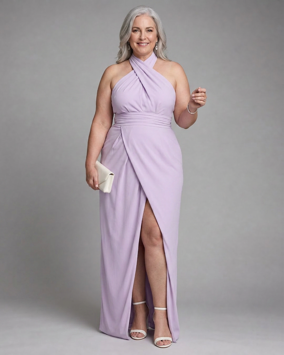 Nia | Cross Halter Draped Side Slit Midi Dress
