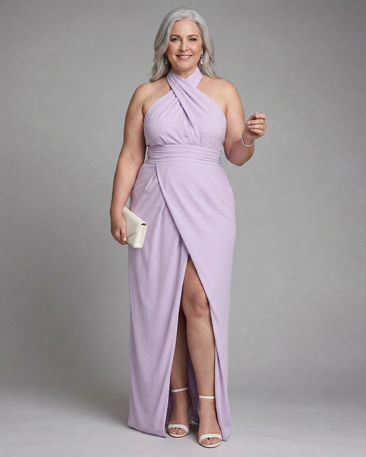 Nia | Cross Halter Draped Side Slit Midi Dress