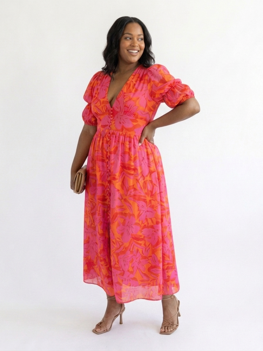 Beatrice | Floral V Neck Puff Sleeve Midi Dress
