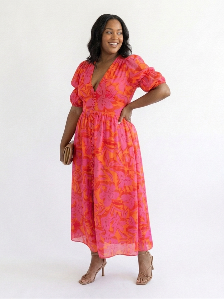 Beatrice | Floral V Neck Puff Sleeve Midi Dress