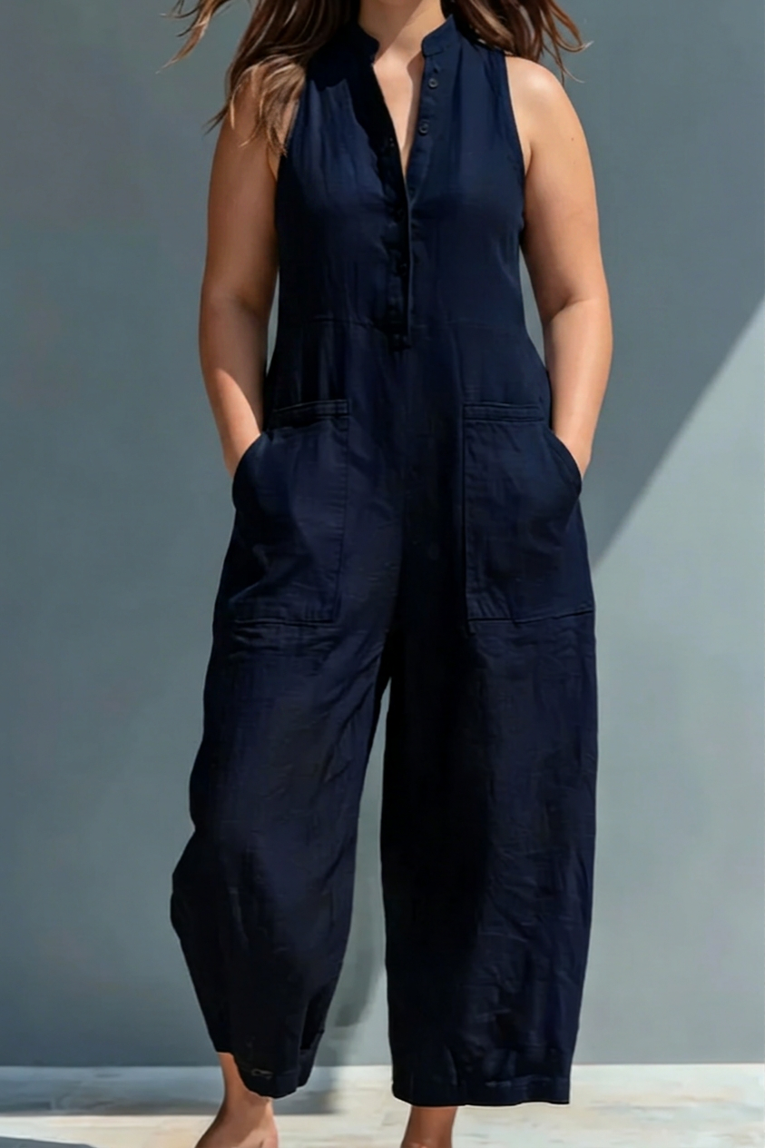 Signy - Black Linen-Blend Collar Jumpsuit