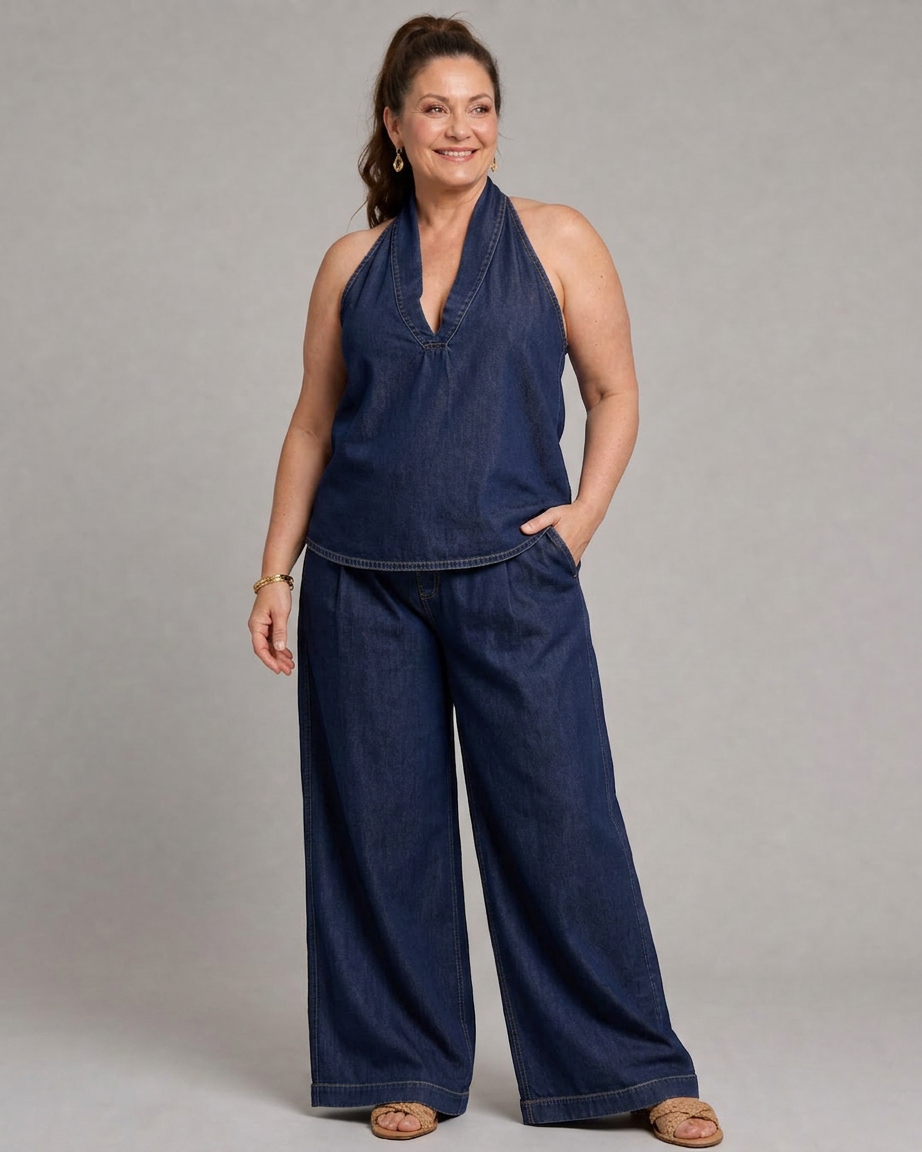 Opaline | Halter Neck Denim Top And Wide Leg Pants Set
