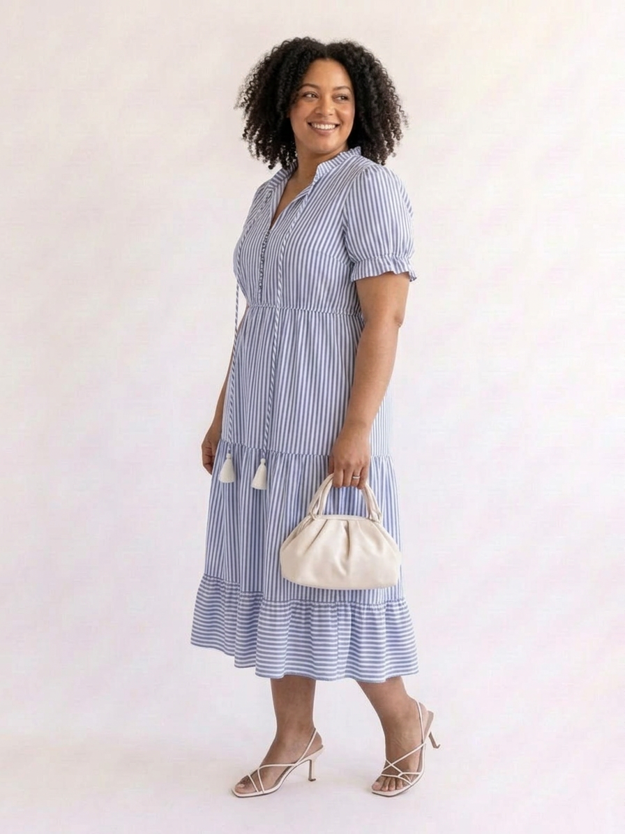 Oleander | Short Sleeve Striped Tiered Midi Dress