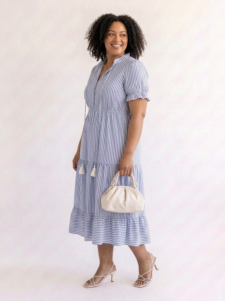 Oleander | Short Sleeve Striped Tiered Midi Dress