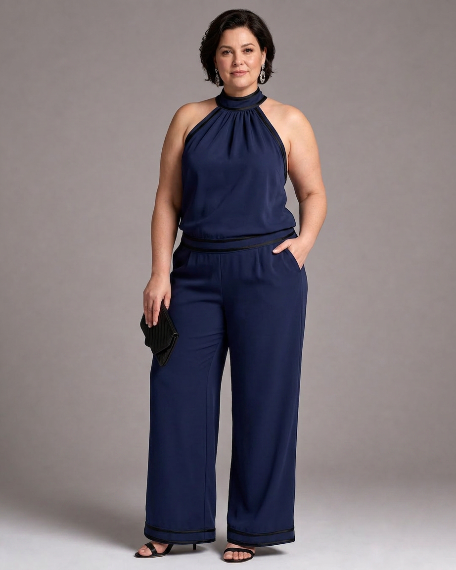 Saffron | Contrast Trim Halter Neck Wide Leg Jumpsuit