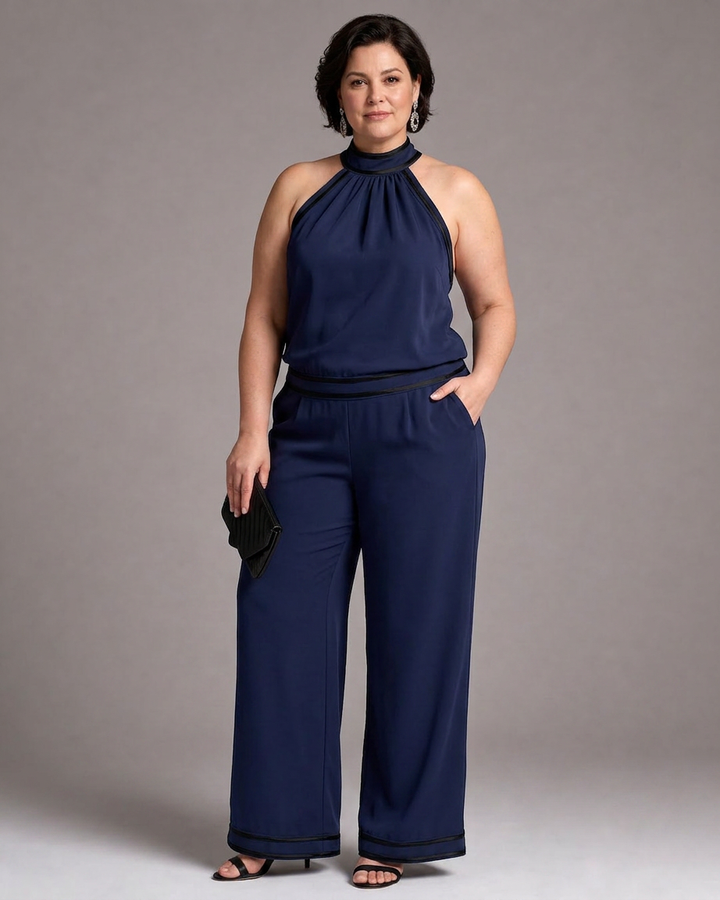 Saffron | Contrast Trim Halter Neck Wide Leg Jumpsuit