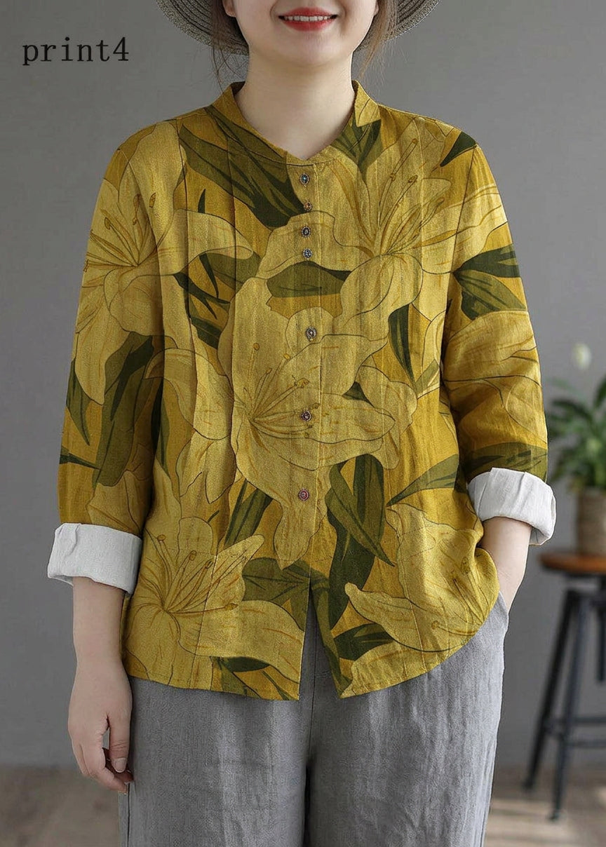 Marguerite - Women Yellow Elegant Button Fall Top Long Sleeve Linen