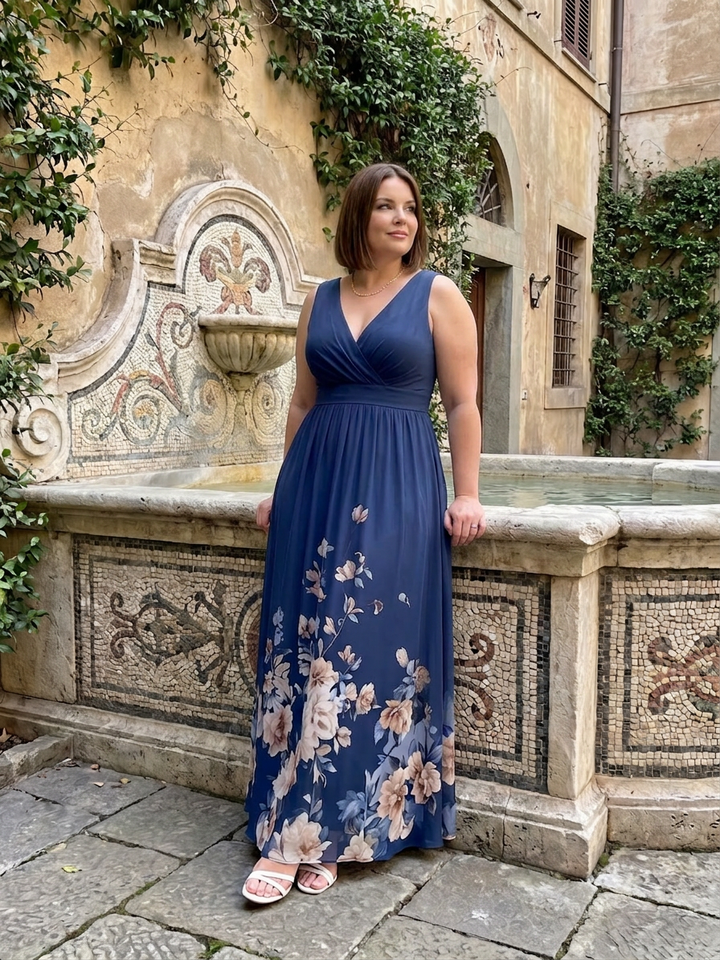 Wanda | Sleeveless V Neck Soft Floral Hem Midi Dress