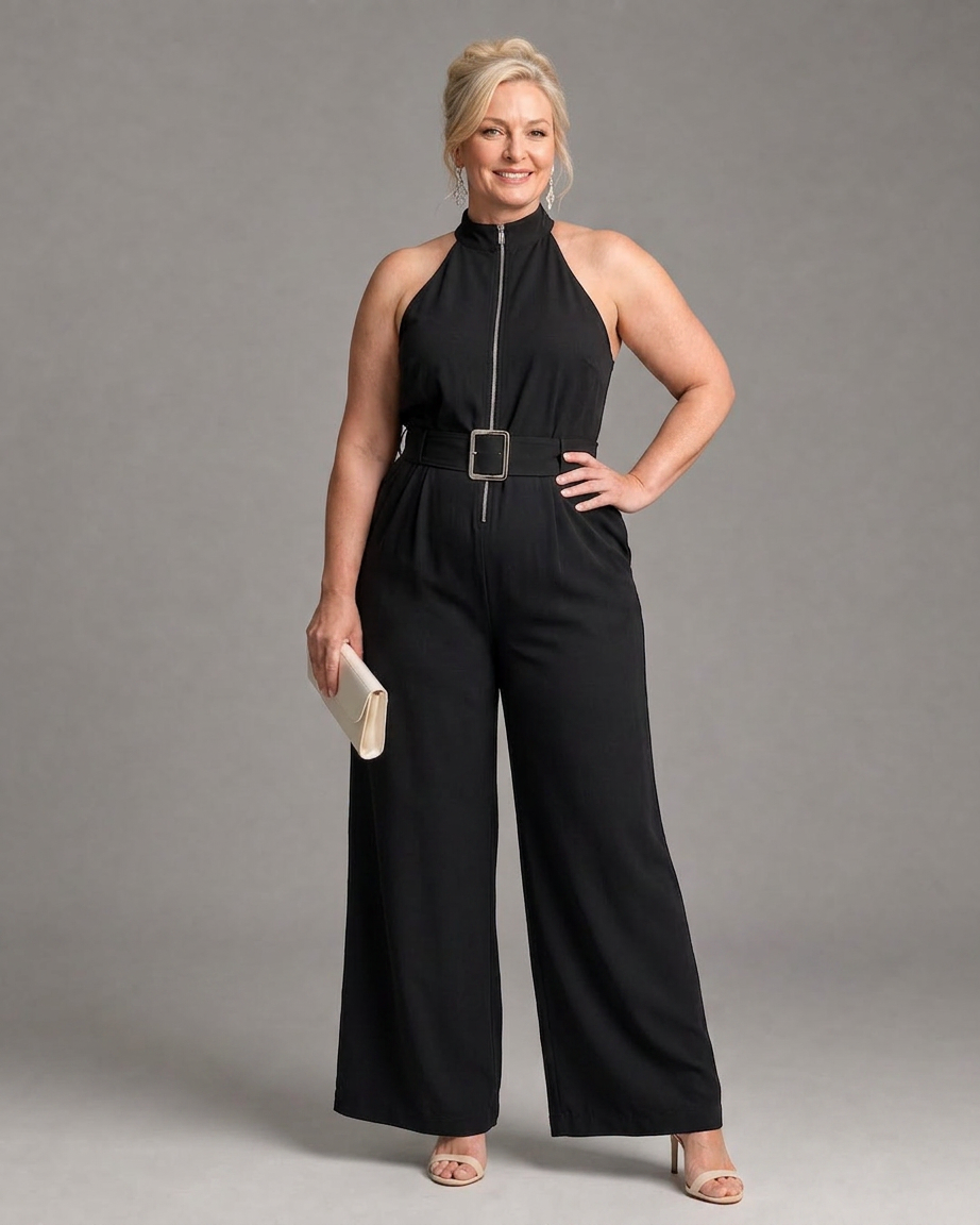 Fleur | Belted High Neck Wide Leg Sleeveless Jumpsuit