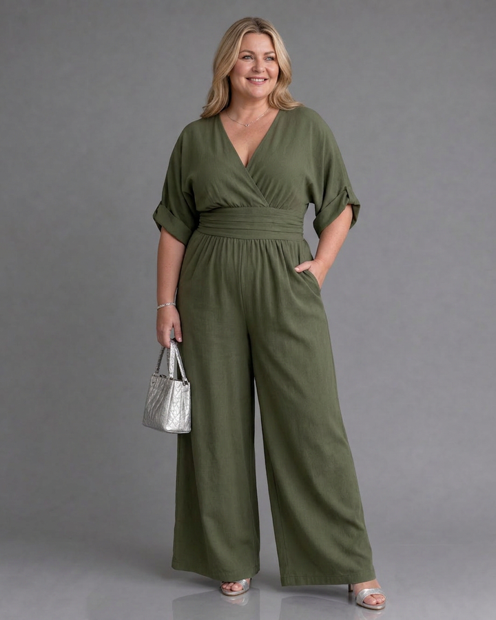 Ottilie | Draped V Neck Wide Leg Relaxed Jumpsuit