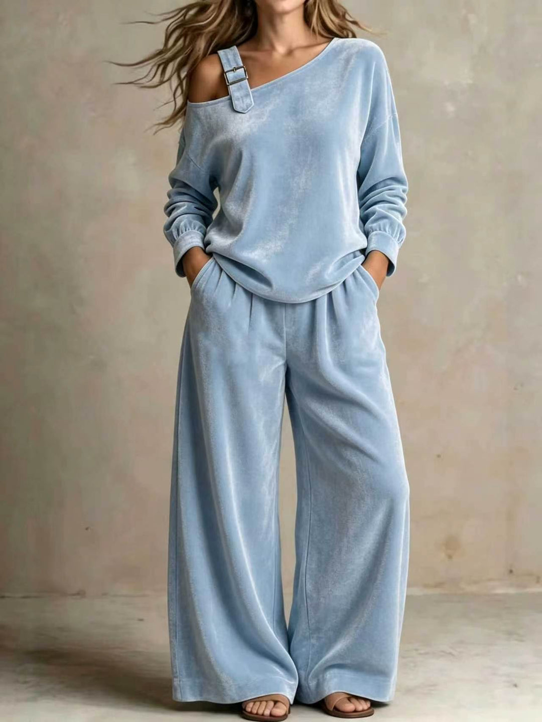 Velvet Off-Shoulder Two-Piece Set, Soft Matching Outfit