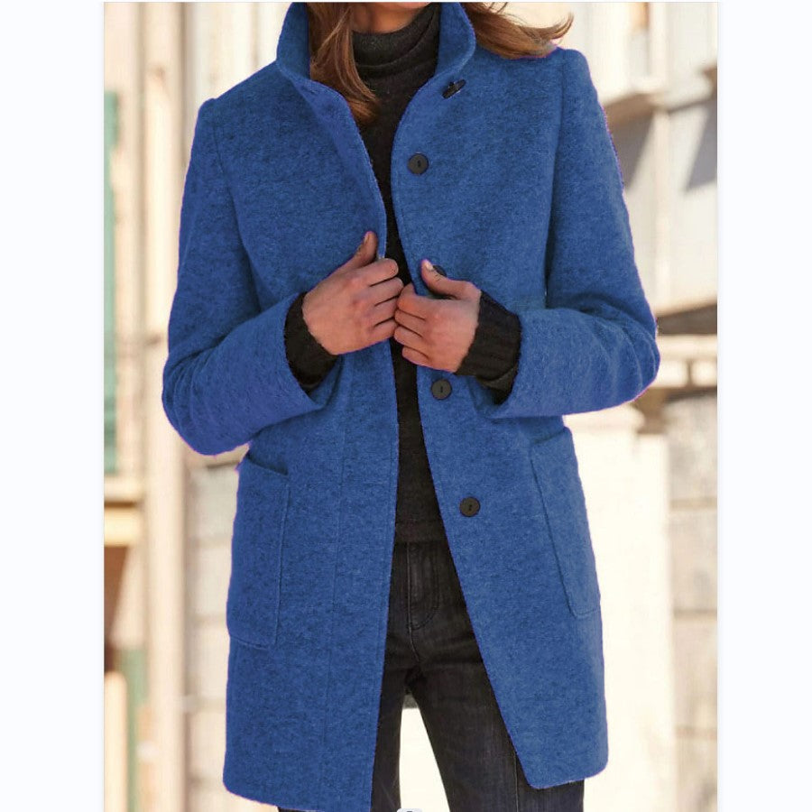 Woman in stand collar button coat