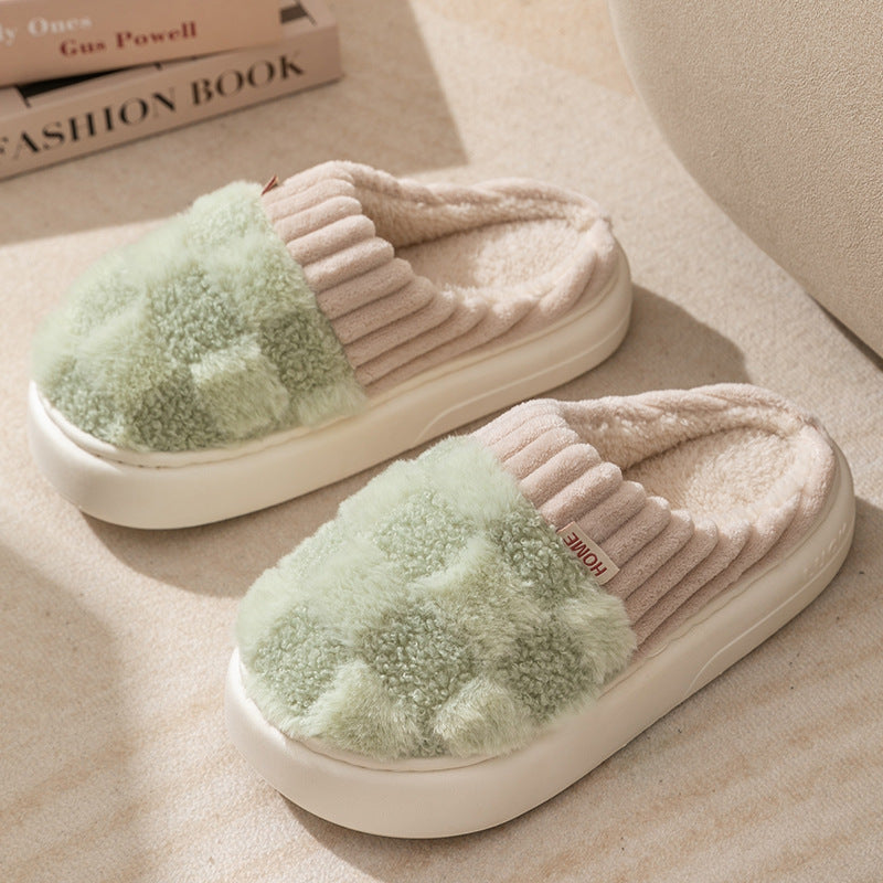 Plaid Plush Slippers for Women, Soft Sole and Non-Slip