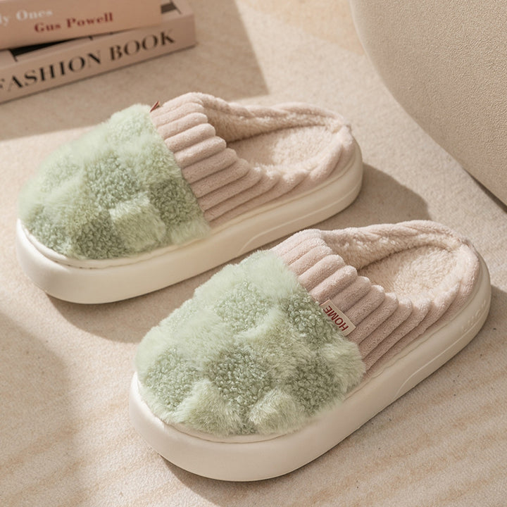 Plaid Plush Slippers for Women, Soft Sole and Non-Slip