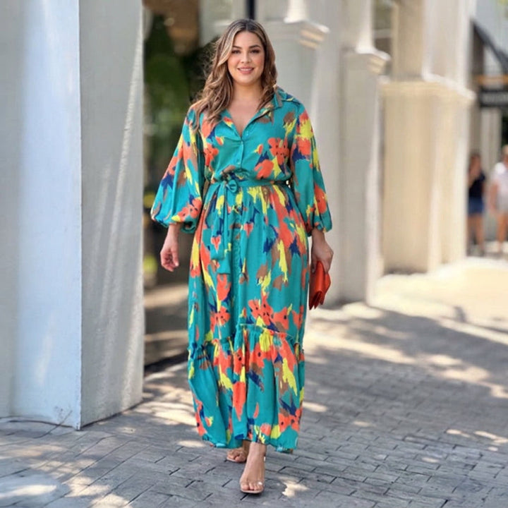 Jolie Printing Lapel Maxi Dress: Elegant Vintage Flow