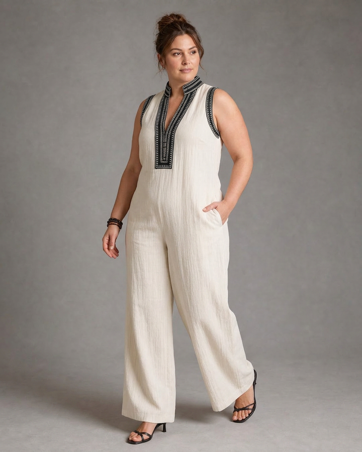 Wilhelmina | Embroidered V Neck Sleeveless Wide Leg Jumpsuit