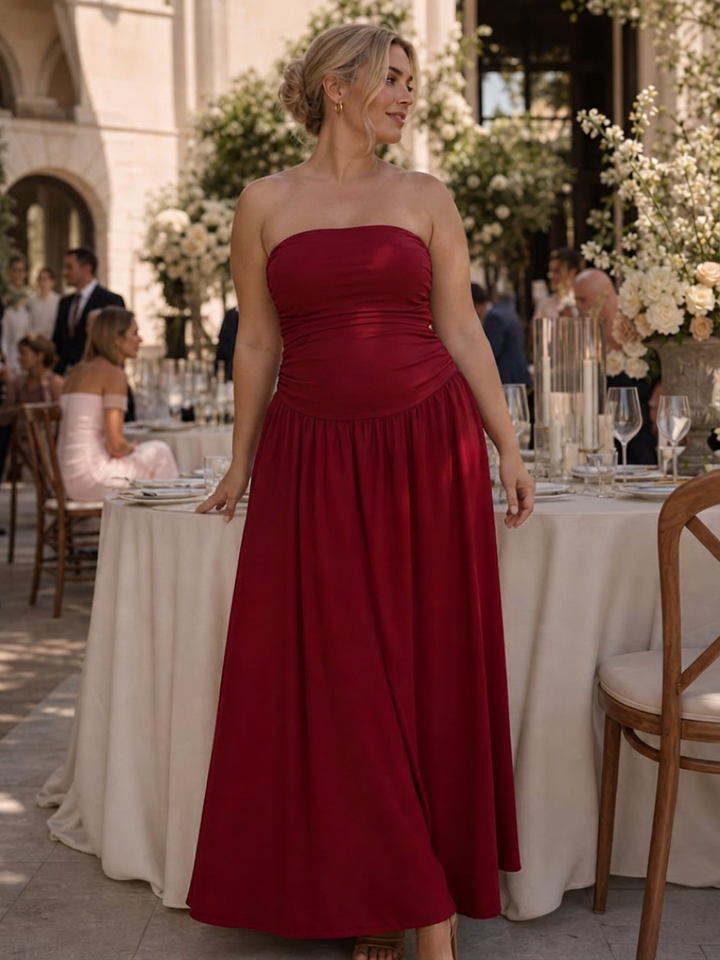 Clemence | Strapless Ruched Bodice Midi Dress
