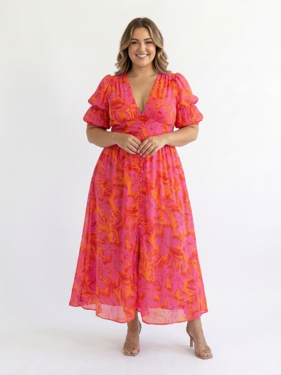 Beatrice | Floral V Neck Puff Sleeve Midi Dress