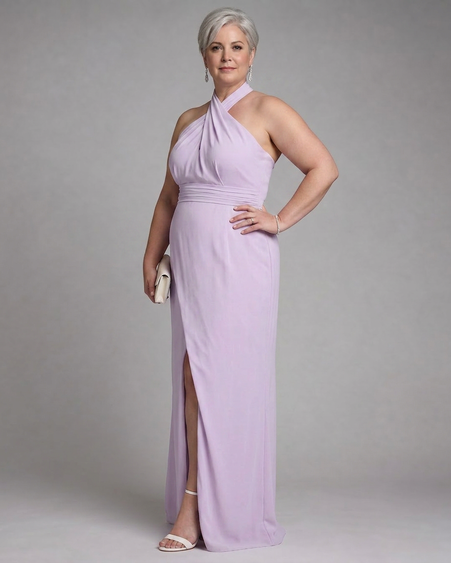 Nia | Cross Halter Draped Side Slit Midi Dress