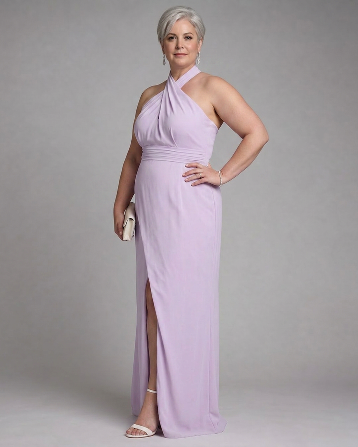 Nia | Cross Halter Draped Side Slit Midi Dress