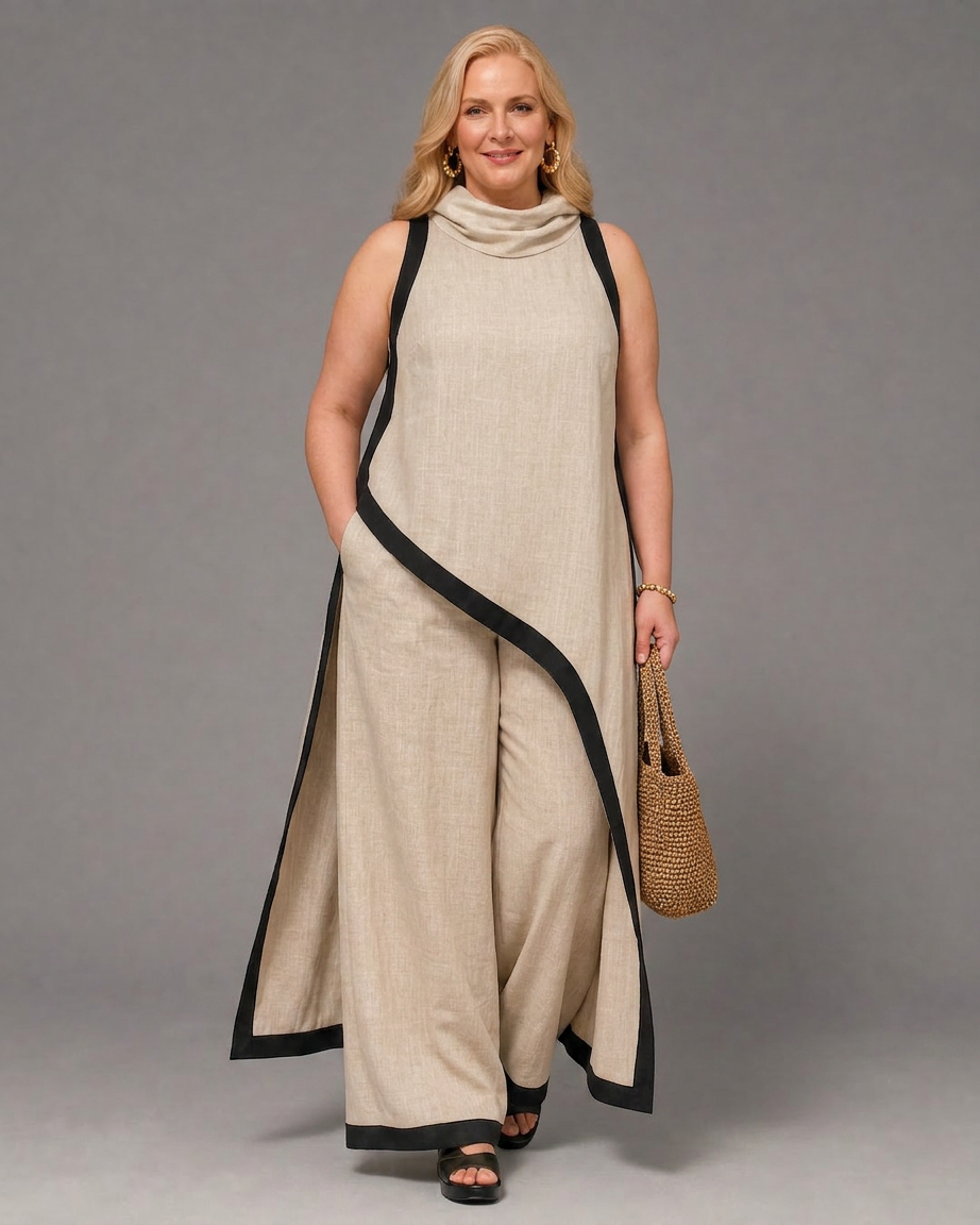 Genevieve | Contrast Trim Sleeveless Layered Top And Wide Leg Pants Set